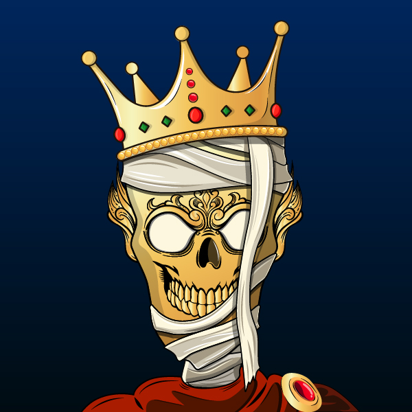 King mummy — a golden skull wrapped in bandages, wearing a jeweled gold crown and a red royal robe, on a deep navy gradient.