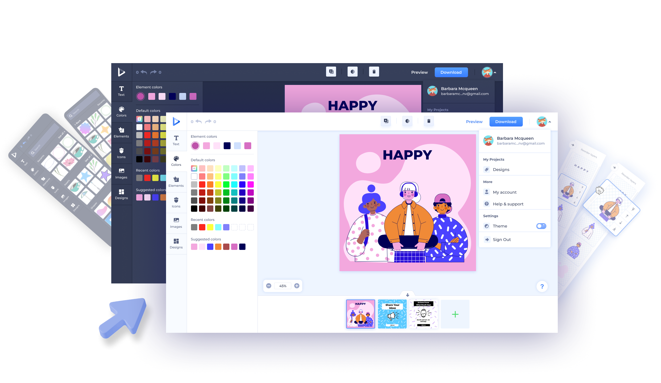 Renderforest Graphic Maker — the redesigned editor with stacked panel windows and floating 3D illustrations.