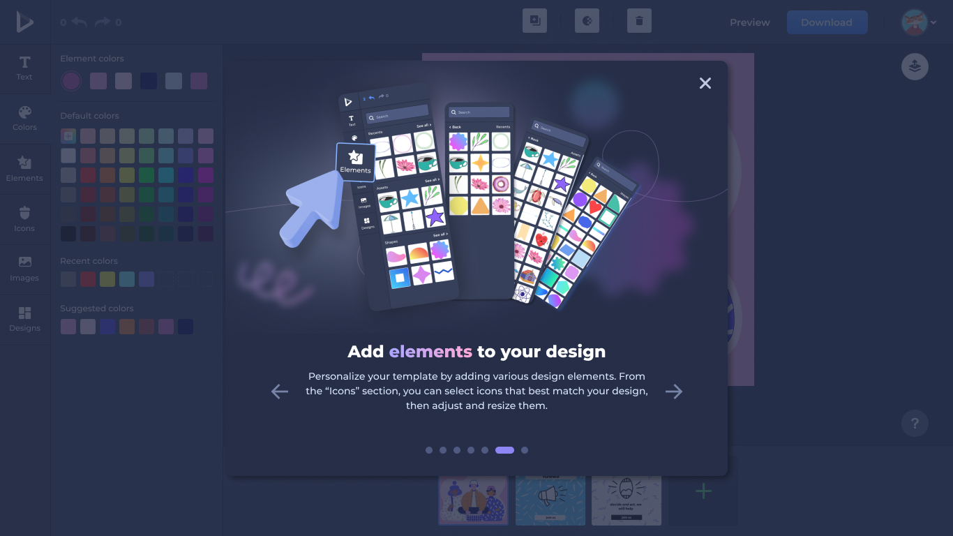Dark-mode Elements panel — shapes, illustrations, and decorative elements.