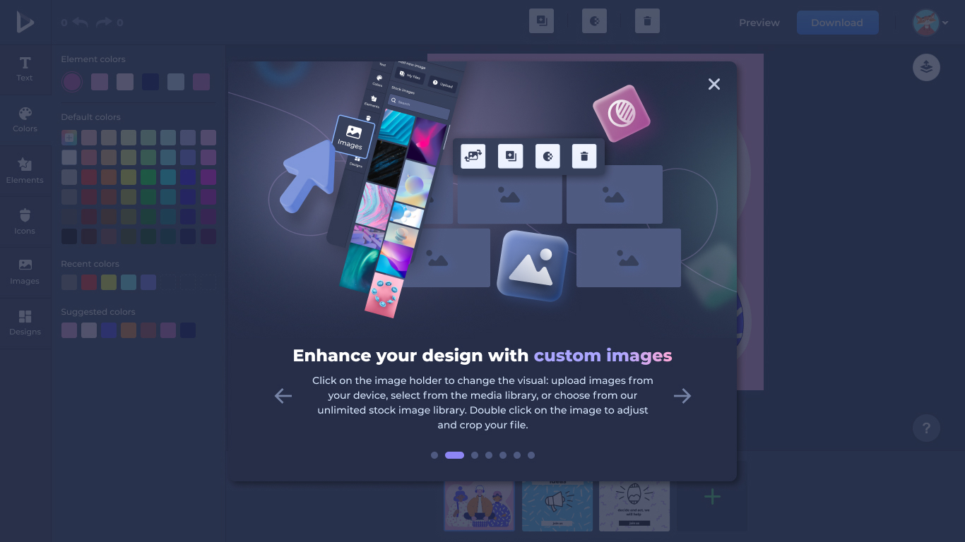 Dark-mode Image panel — uploads, stock images, and media library.