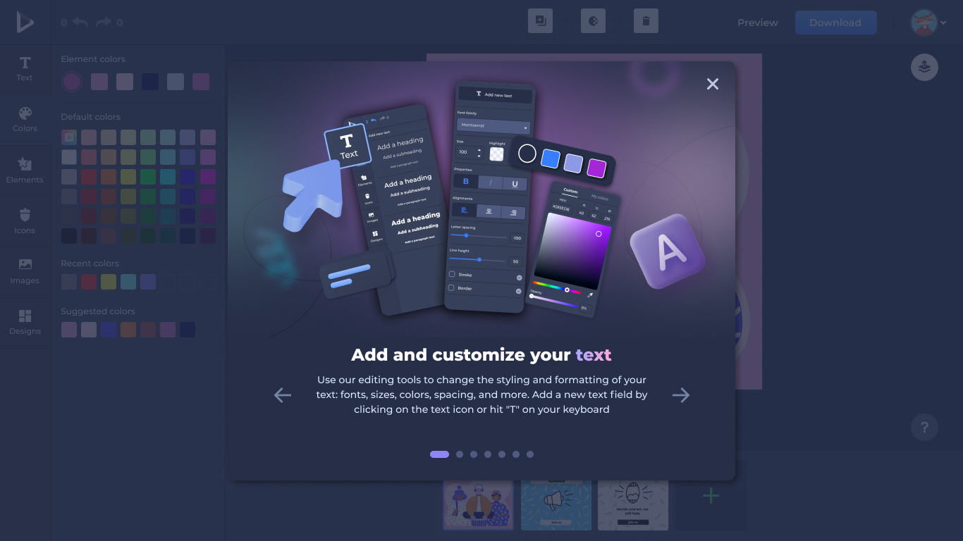 Dark-mode Text panel — typography, fonts, sizing, and alignment in the dark theme.