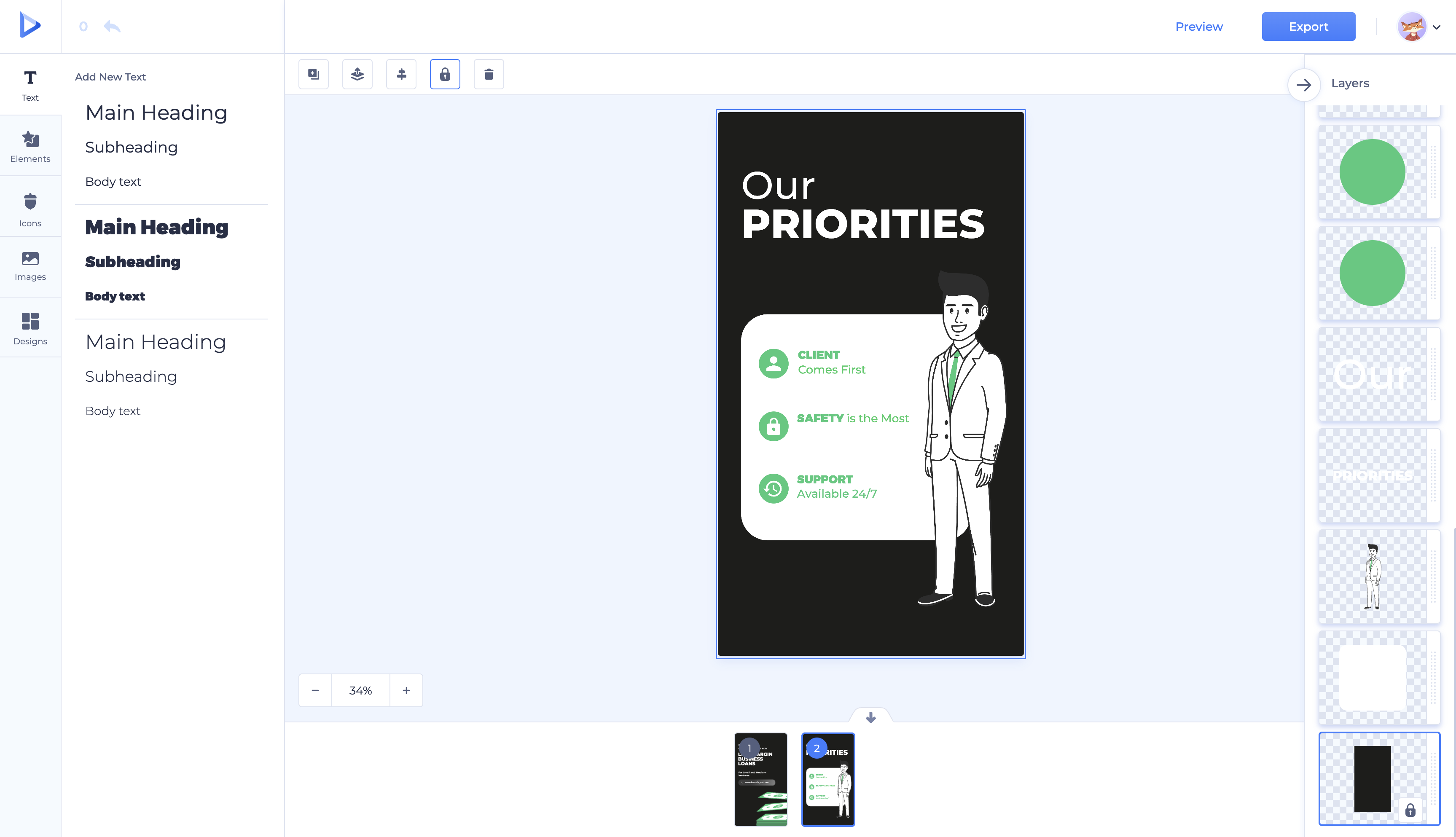 The redesigned Graphic Maker editor in real product use — Text panel on the left, an Instagram-story design on canvas, and the new Layers panel on the right with stacked layer thumbnails.