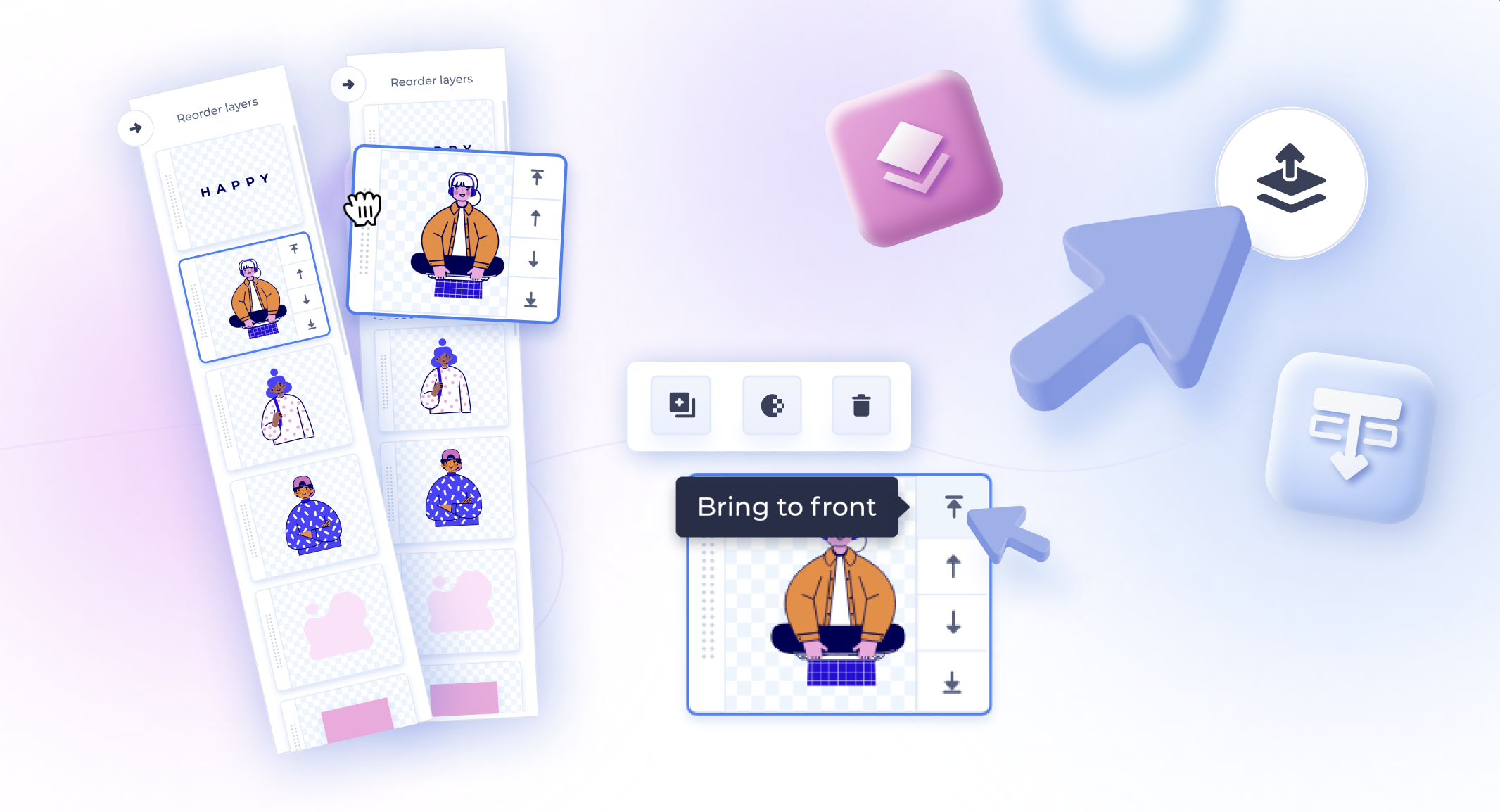 Renderforest Graphic Maker — illustration of the new Layers feature, with reorderable layer thumbnails, a 'Bring to front' tooltip, and floating 3D icons for layers, upload, and reorder.