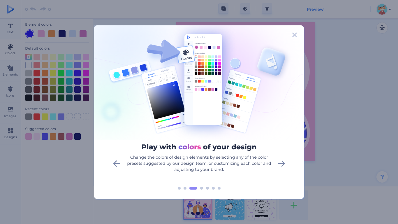Color panel and color picker — element colors, default palette, recent and suggested colors, custom HEX.