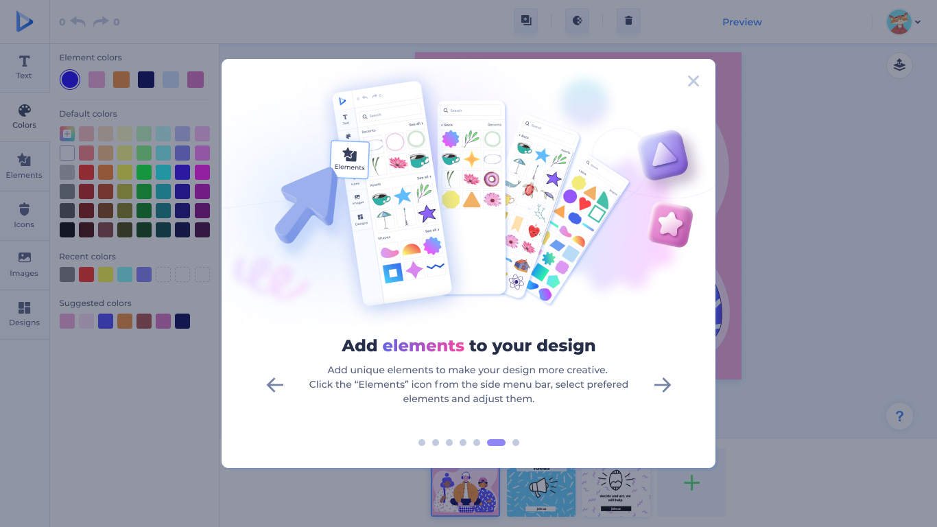 Elements panel — shapes, illustrations, and decorative elements.