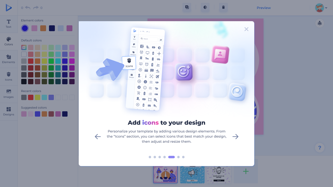 Icons panel — a searchable, categorized icon library.