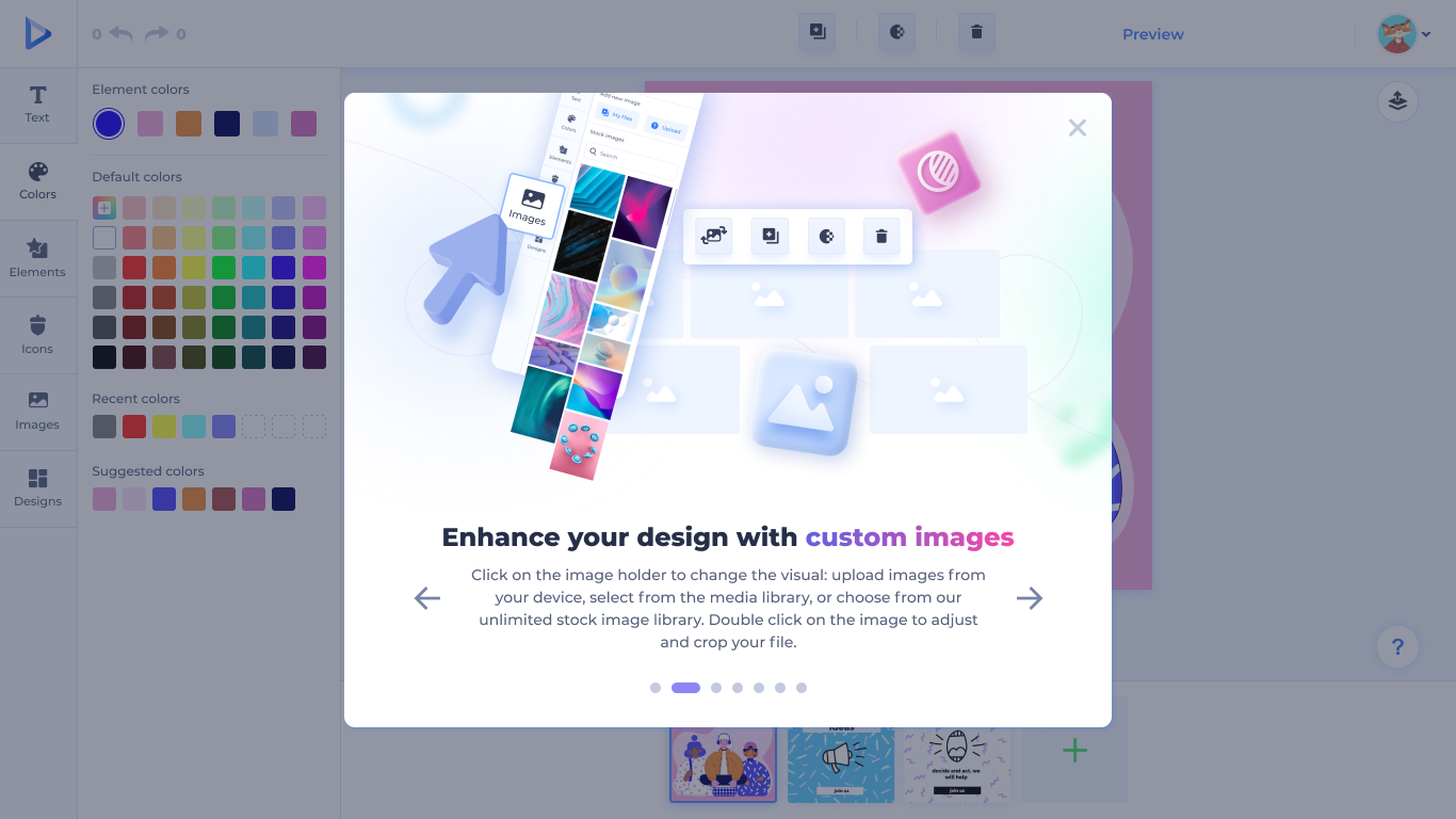 Image panel — uploads, stock images, and the project media library.