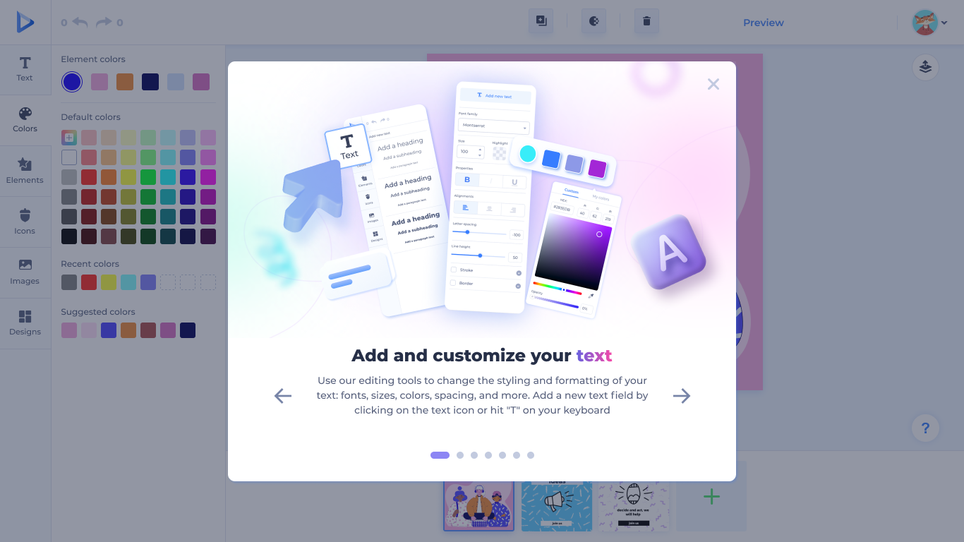 Text panel — fonts, sizes, alignment, line spacing, stroke, and borders.