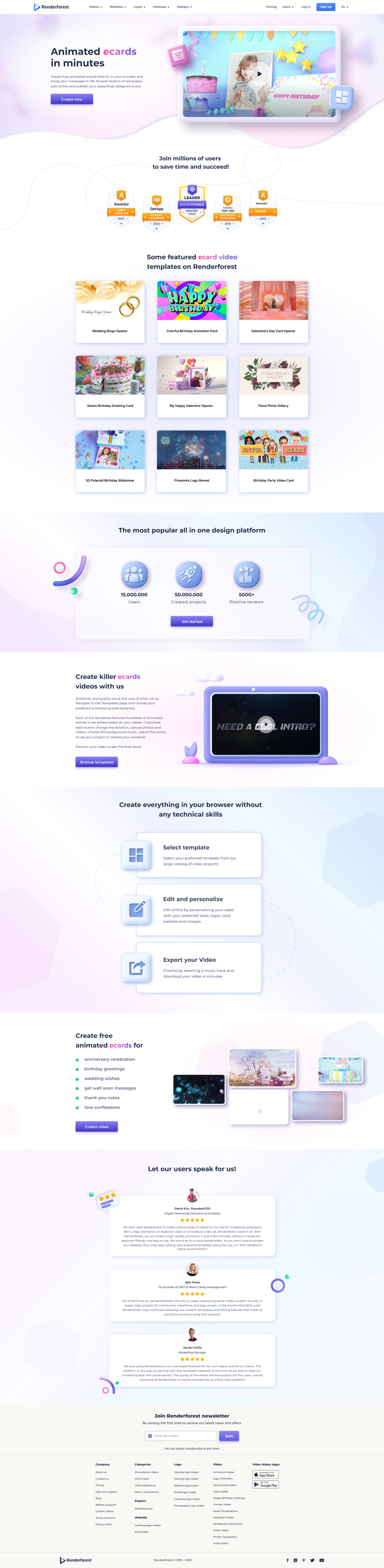 Animated ecards — celebratory video maker landing page.