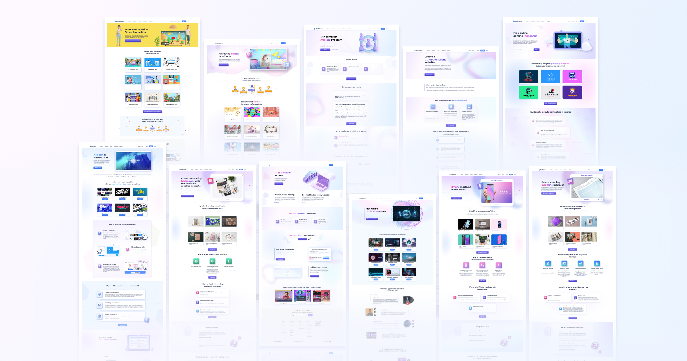 Renderforest landing pages — a collage of hero compositions across video tools, mockups, programs, and feature pages.