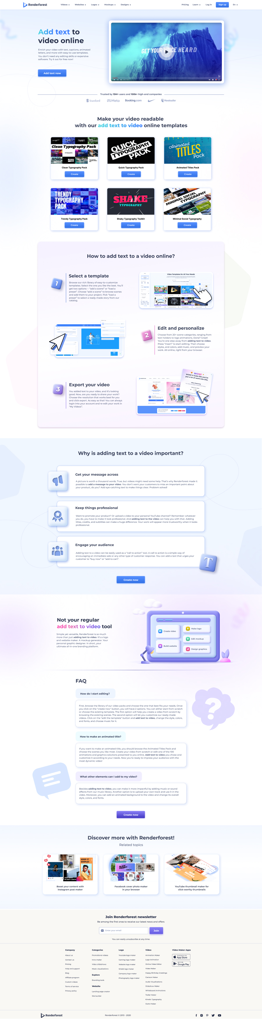 Add text to video — full landing page with typography-led hero and template thumbnails.