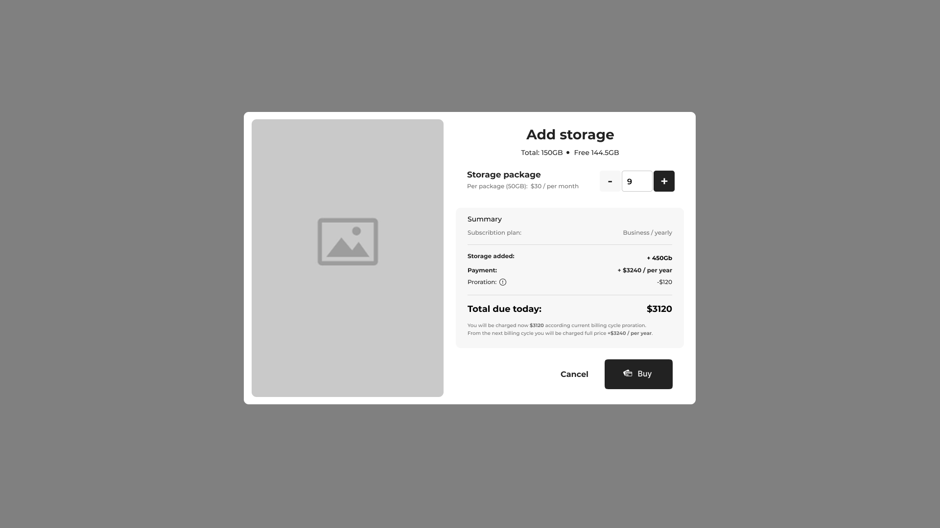 Add storage — the modal for purchasing additional storage capacity for the org.