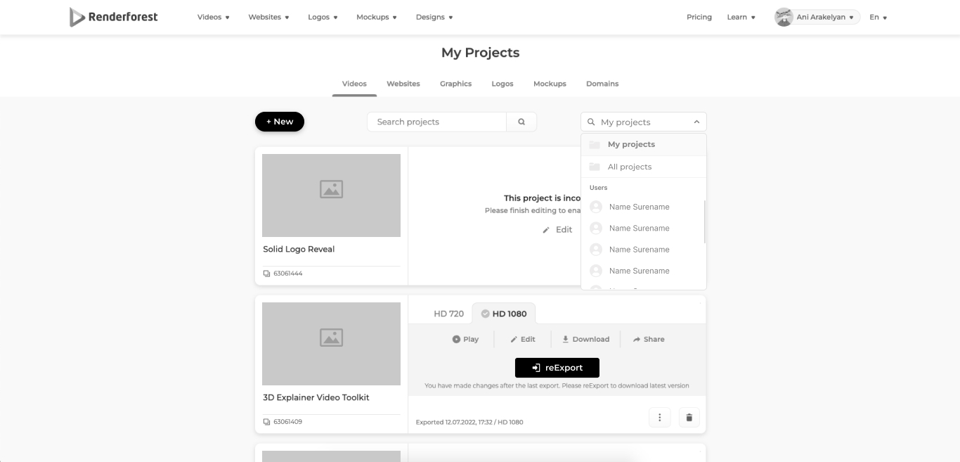 Projects view — the org's projects with the same filtering pattern as the media library.