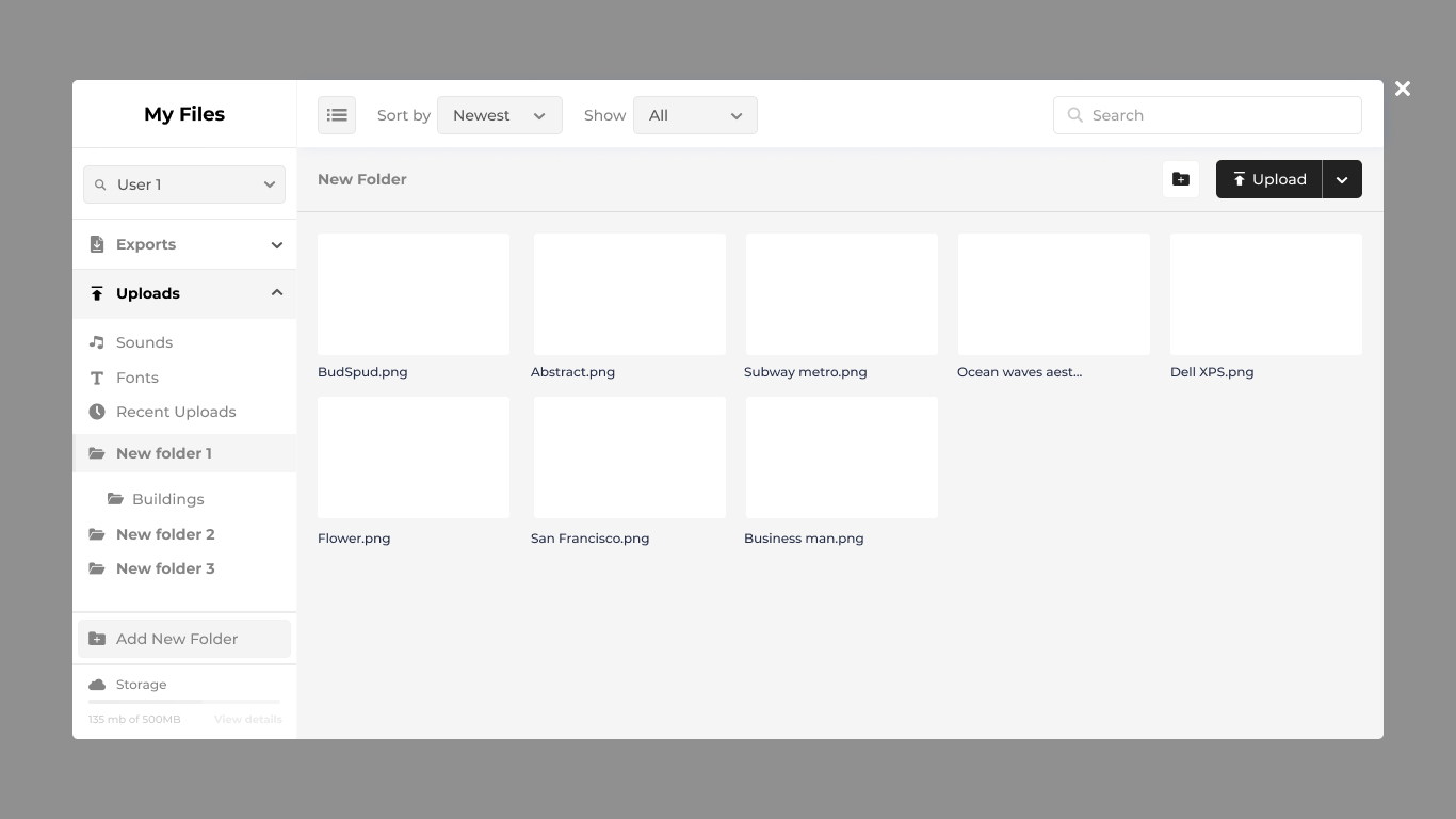 Media library — filtered to a specific user's contributions to the org.