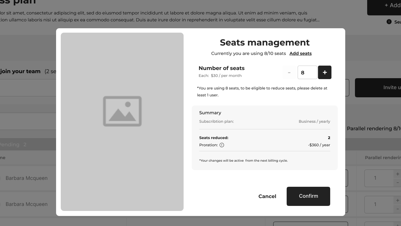 Manage seats — the default state, showing current seats, used seats, and adjustment controls.