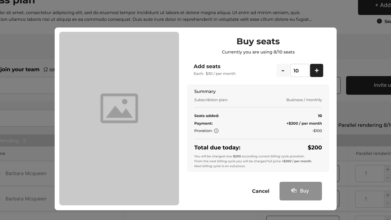 Buy seats — the buy button disabled when the seat count hasn't changed.