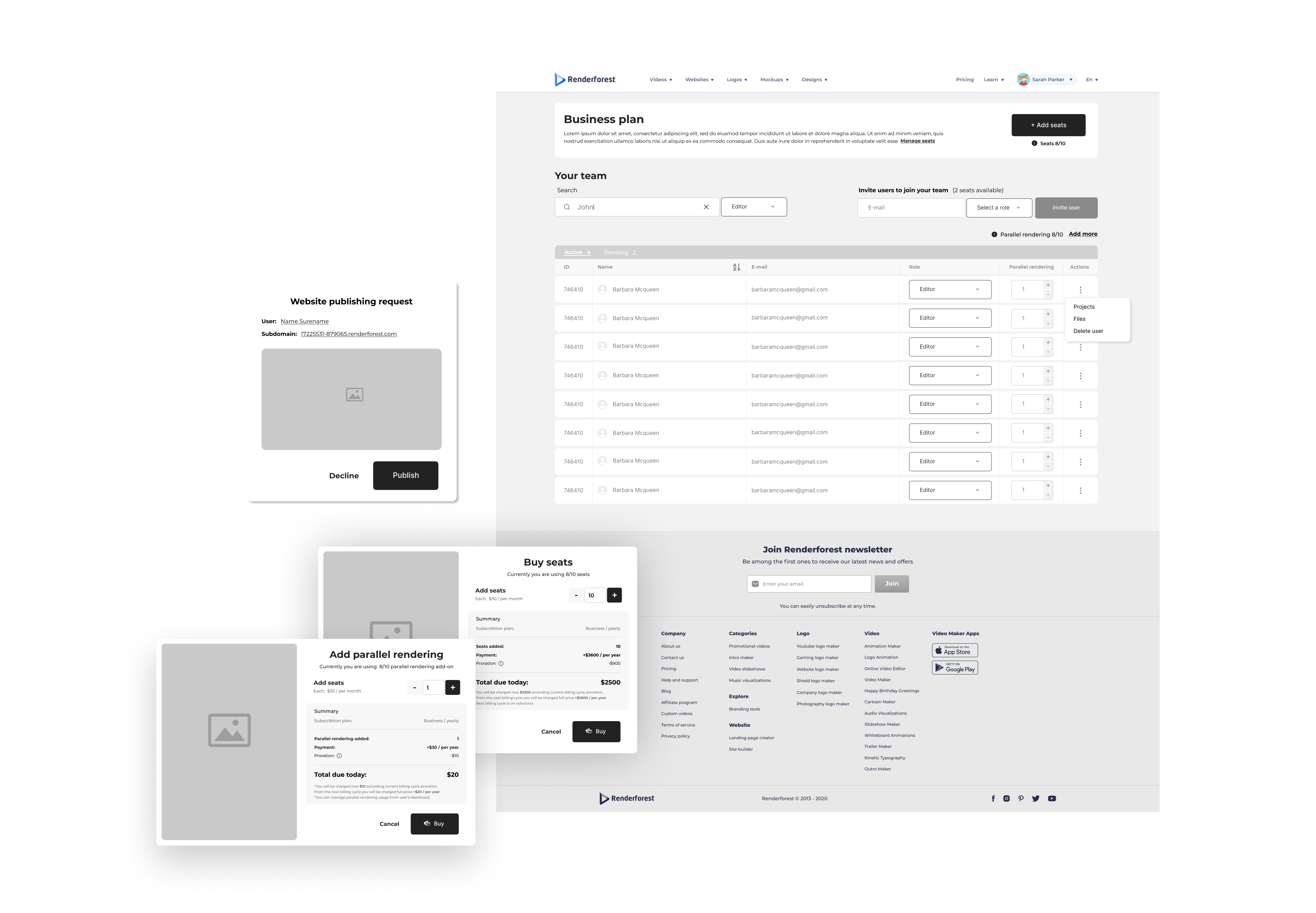 Renderforest organization seats — high-fidelity wireframes of the team dashboard, buy seats modal, and website publishing request flow.