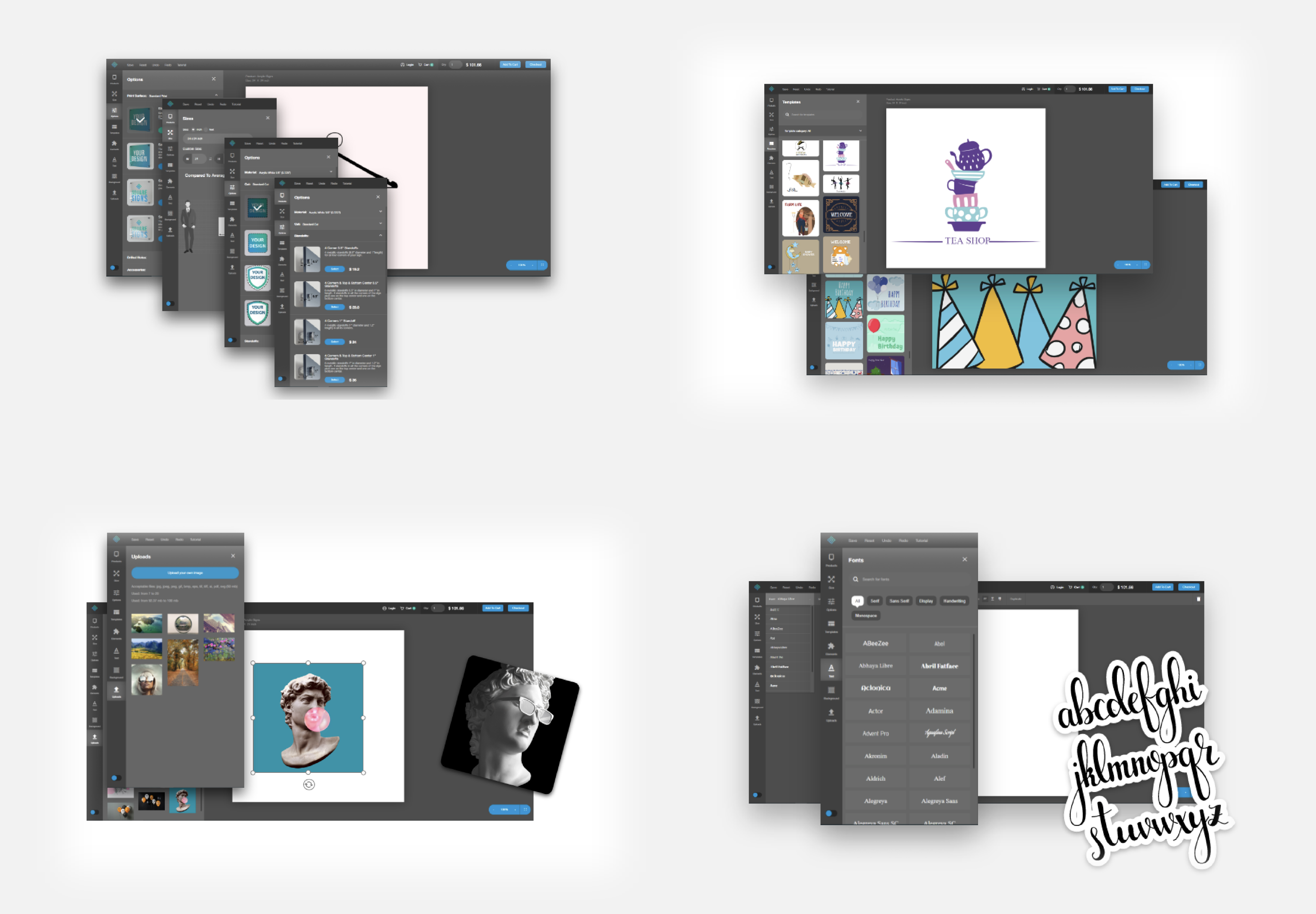 SquareSigns — a 2×2 composition of 3ds Max renders of the in-browser design tool, showcasing the Options, Templates, Uploads, and Fonts panels.