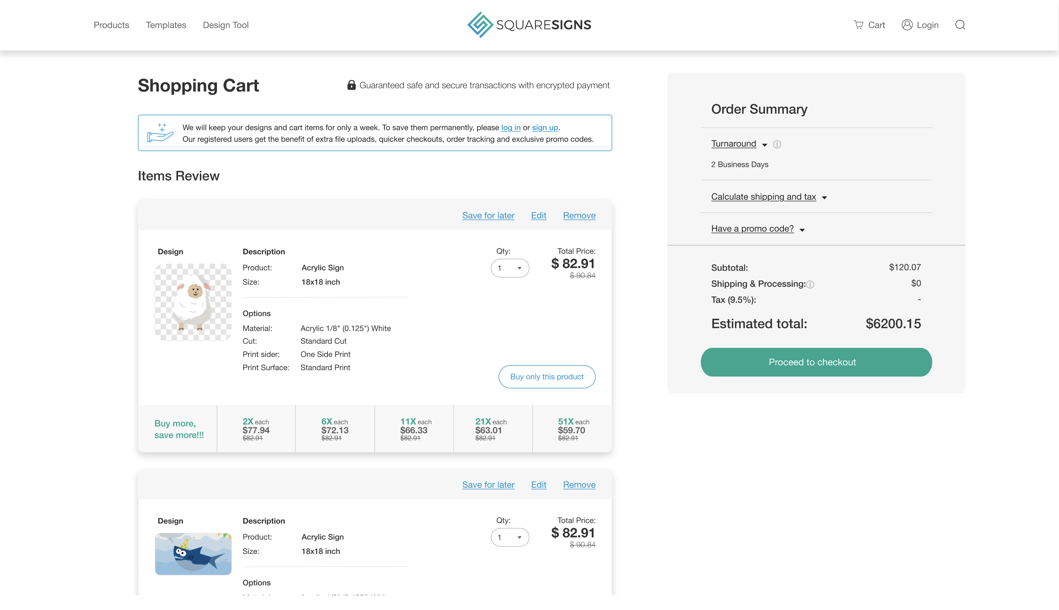 SquareSigns shopping cart — default state. Items review with the acrylic sign line items, product description, options, quantity selector, total price, and a buy-more-save-more pricing tier band underneath each item. Right side: order summary with collapsible turnaround, shipping, and promo code sections, plus subtotal, shipping, tax, estimated total, and a 'Proceed to checkout' CTA.