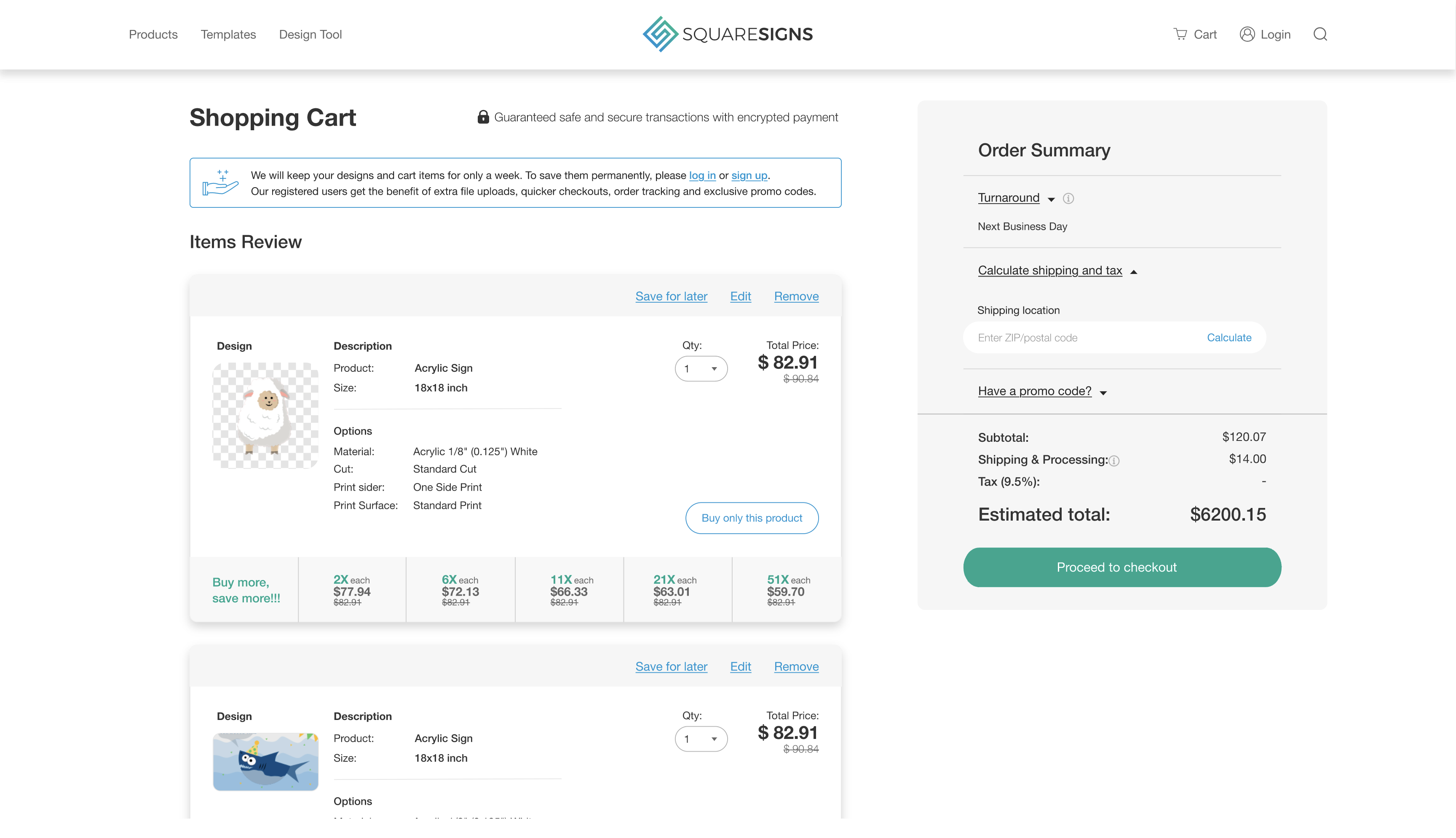 SquareSigns cart — Calculate shipping and tax section opened, showing a Shipping location label, an empty ZIP/postal code input, and a 'Calculate' action on the right.