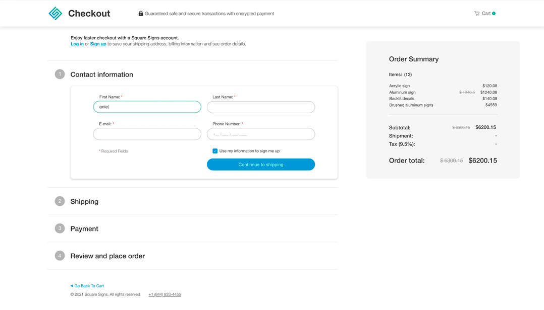 SquareSigns checkout — four-step flow with Contact Information expanded, fields for first name, last name, email, and phone, a 'Continue to shipping' primary action, and a persistent order summary on the right showing all line items, original and discounted totals, subtotal, shipment, tax, and the order total.