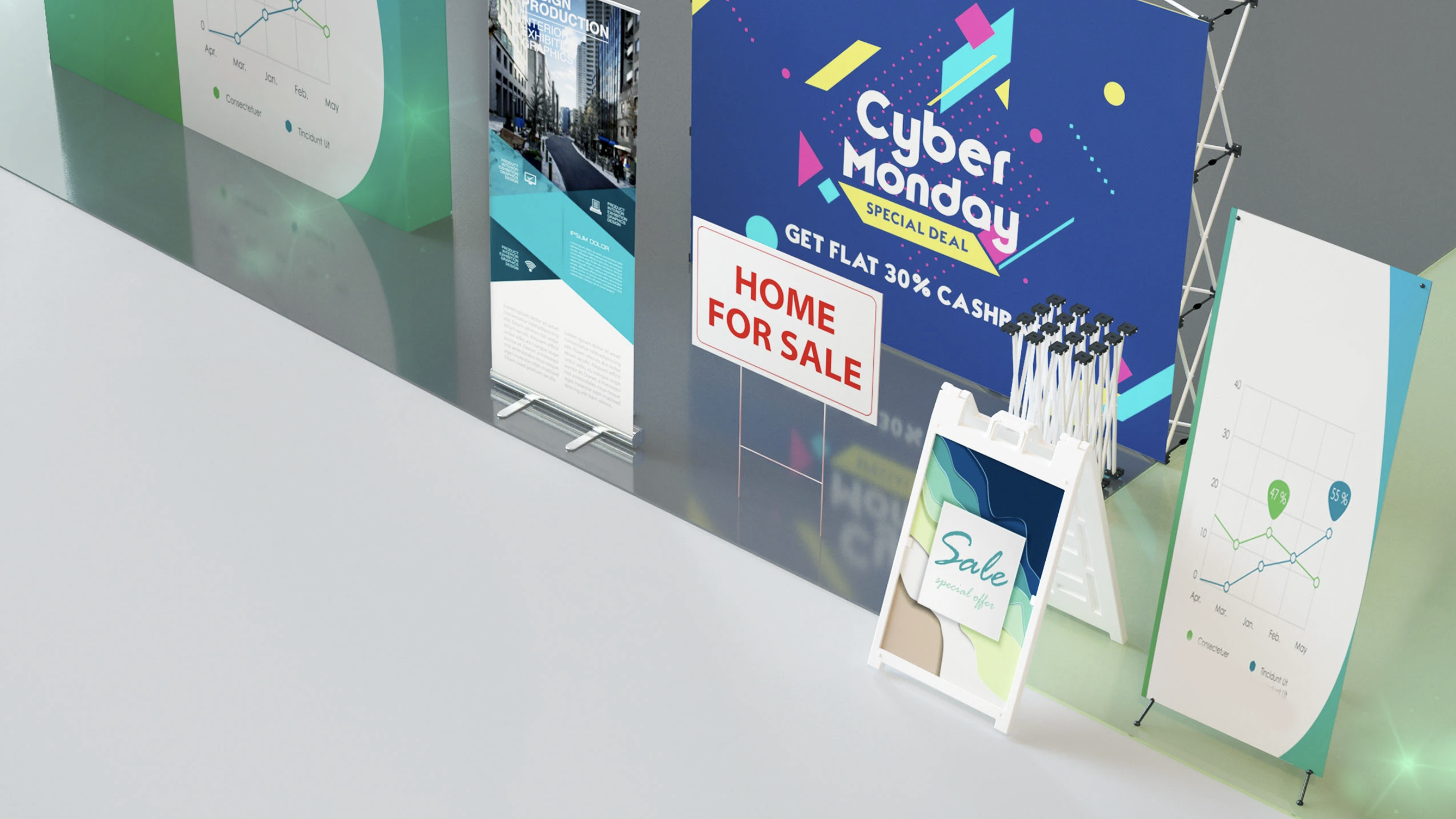 SquareSigns homepage slider render — light-mode composition, the same hummingbird artwork on the 12×12 acrylic photo print, lighter chrome, rulers, and a clean workspace. Rendered in 3ds Max.