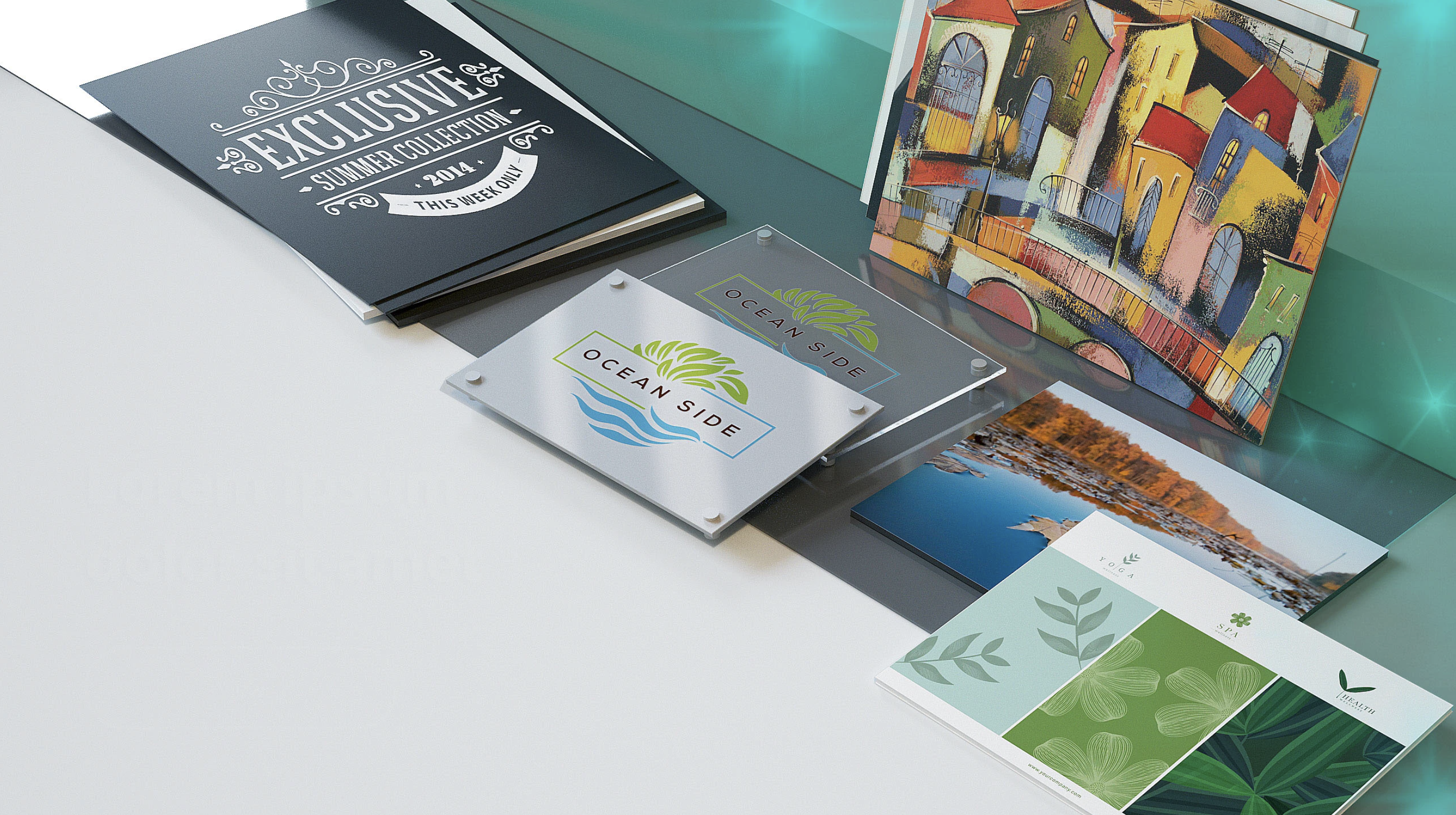 SquareSigns homepage slider render — a 3D-composed scene of the design tool with the Templates panel open, showing thumbnail tiles for anniversary, seating-chart, photo-print, and other layouts against a hummingbird canvas. Rendered in 3ds Max.