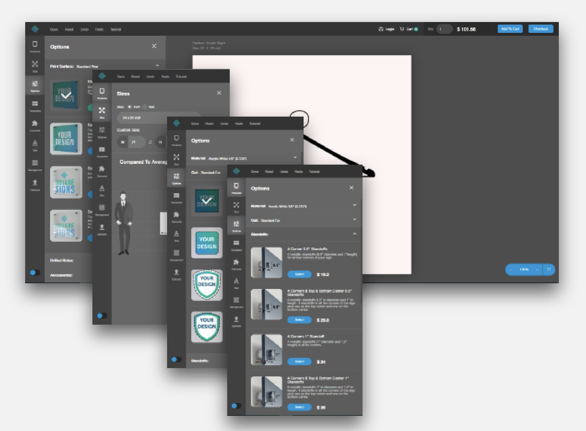 SquareSigns design tool render — Templates panel open with thumbnail tiles for tea-shop, welcome, happy-birthday and other ready-made layouts. Rendered in 3ds Max.
