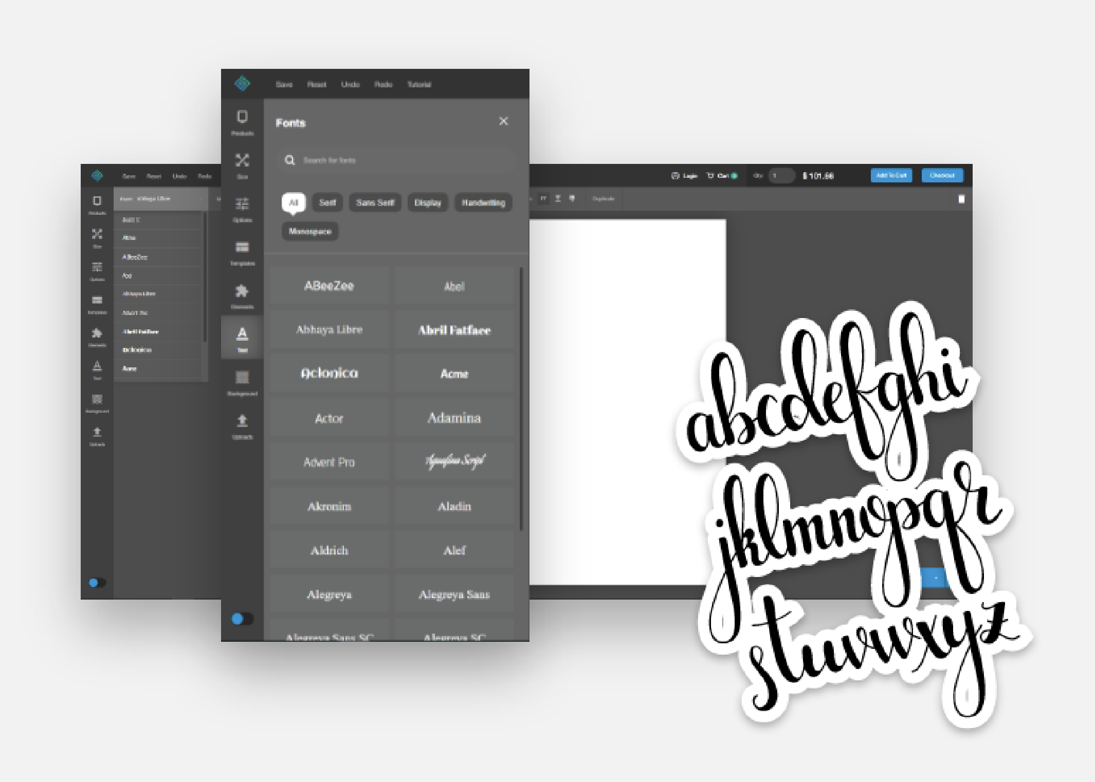 SquareSigns design tool render — Uploads panel open with thumbnails of customer-uploaded images, plus a floating placement of a David-bust artwork against a teal background on the canvas. Rendered in 3ds Max.