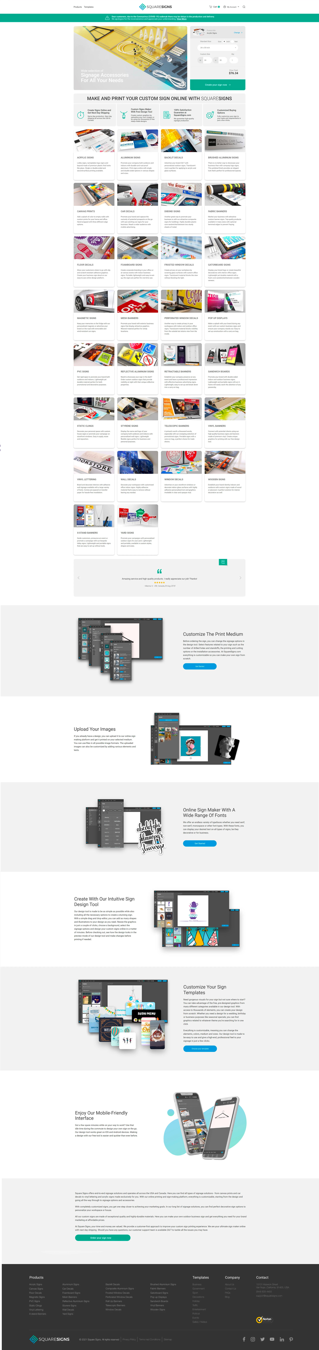 The SquareSigns homepage — hero with signage accessories collage, custom-sign-maker CTA, satisfaction band, and a tiled grid of product categories across acrylic signs, aluminum signs, backlit decals, banners, decals, and more.