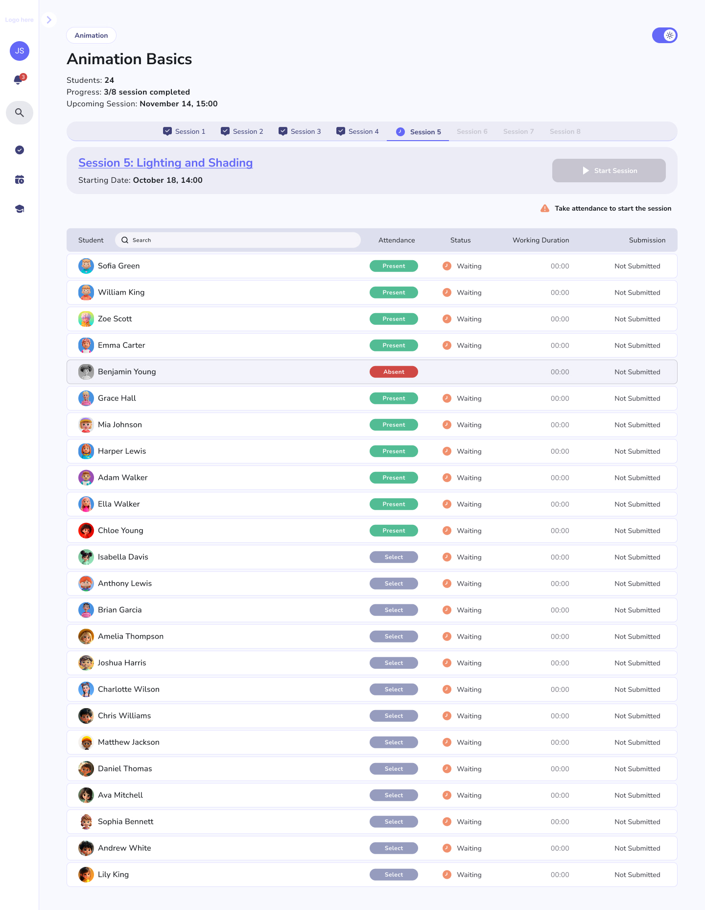 Taking attendance — a roster of enrolled students with present/absent toggles for the current session.
