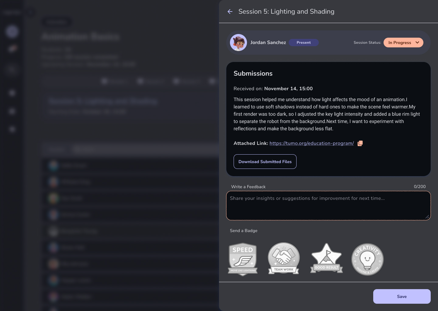 The leader's student review page with a 'new submission received' state — the student's submitted work, attached link and reflection, and a feedback field for the leader to respond.