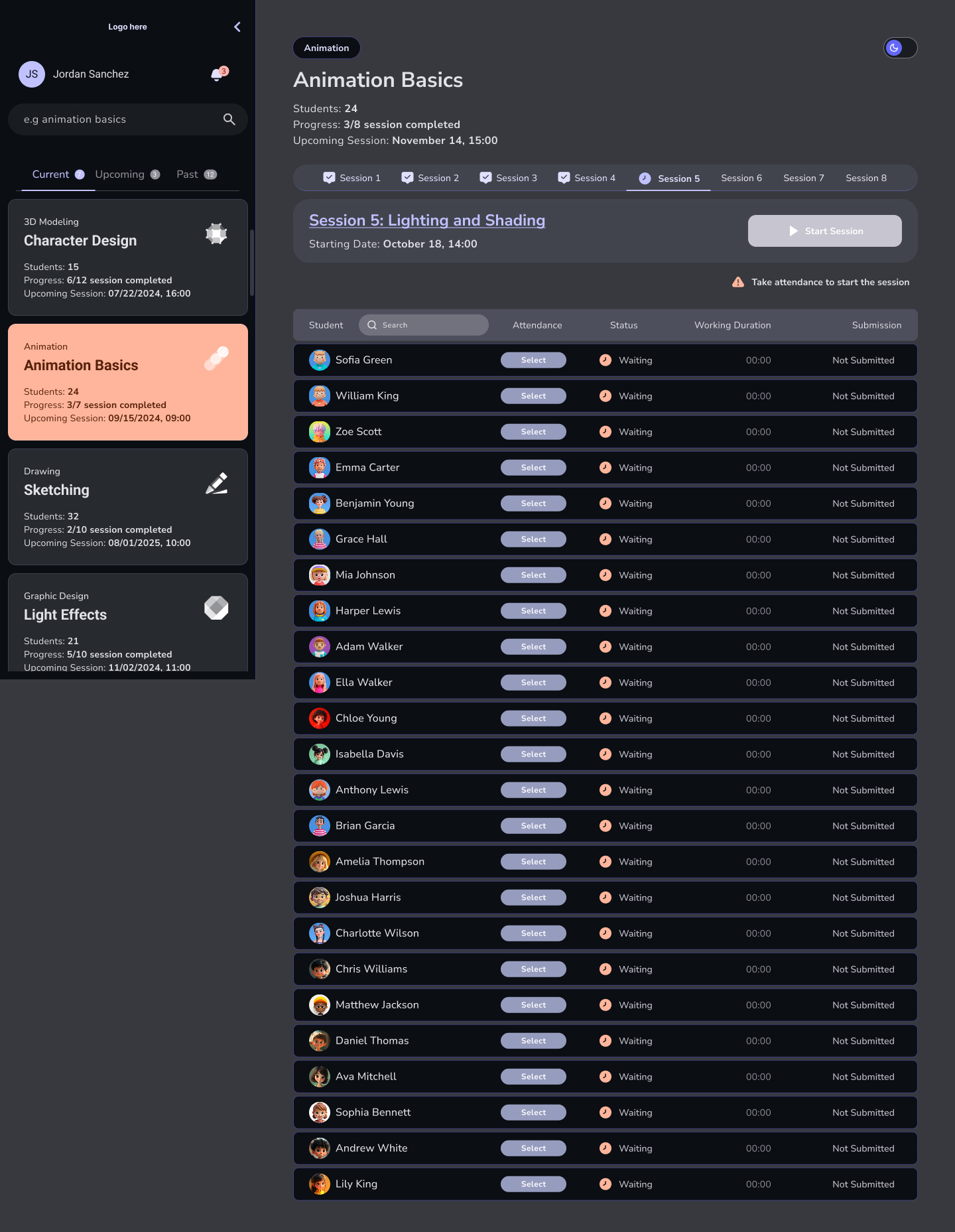 The same workshop-leader main page in dark theme.