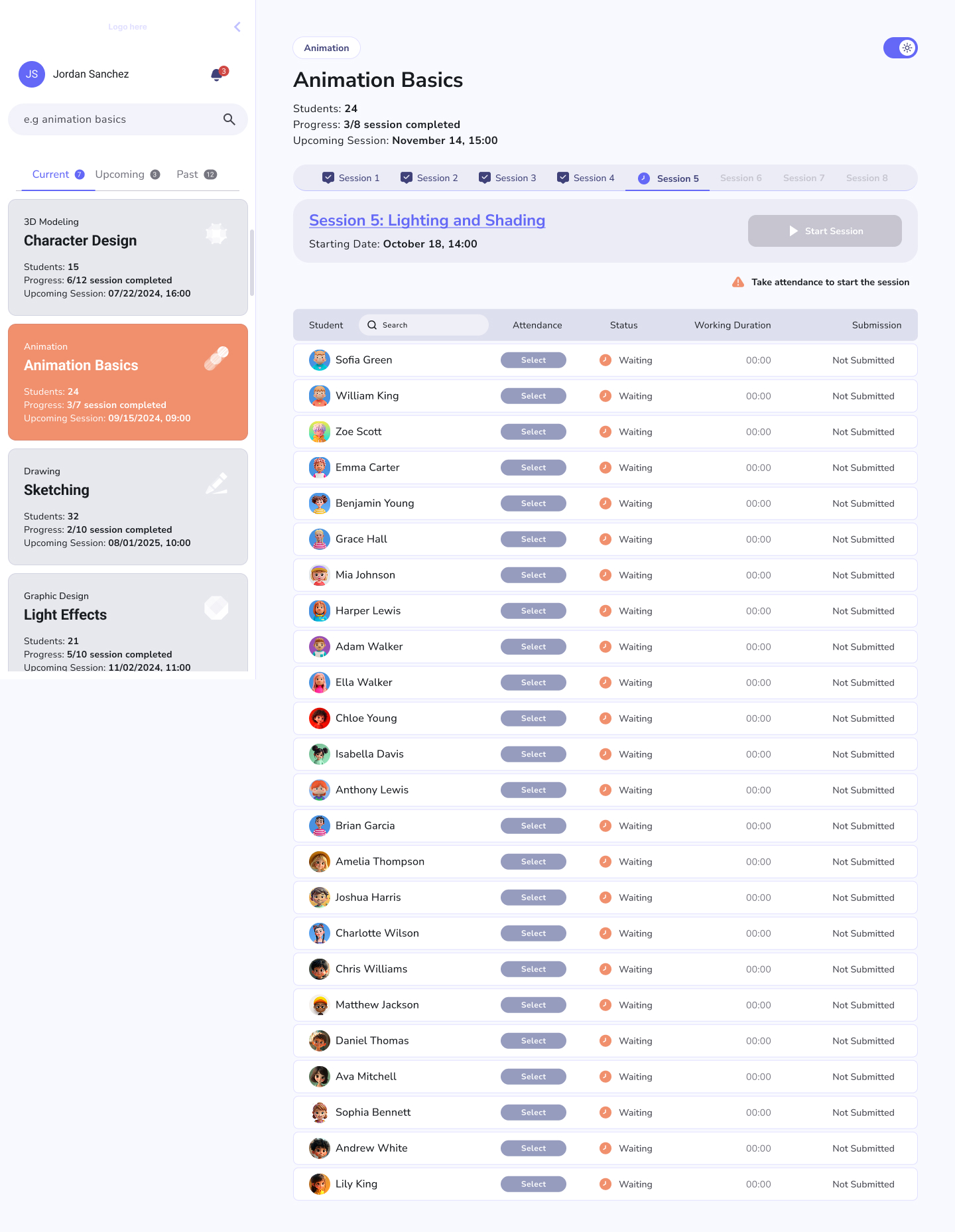 Workshop-leader main page in light theme — a management view of the leader's workshops and sessions with roster and scheduling controls.