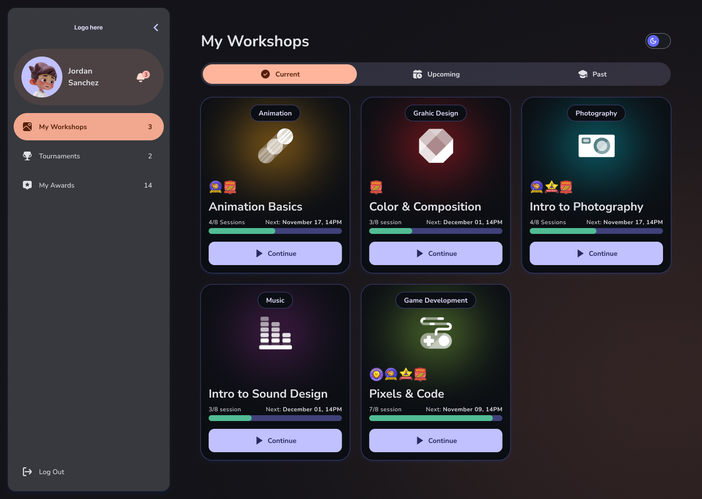 The same student dashboard in dark theme — deep indigo background with the same workshop cards re-tuned for low light, keeping the warm accent and rounded forms.