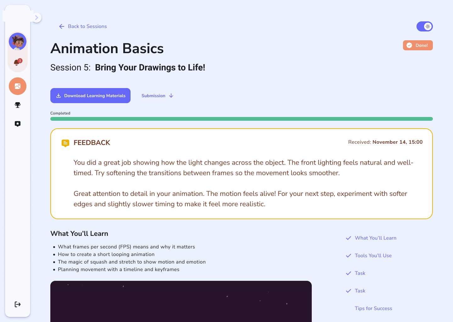 The 'feedback received' state — a highlighted feedback card at the top of the session with the leader's written notes and the date, the progress bar now full and marked 'Completed', and a 'Done' status badge.