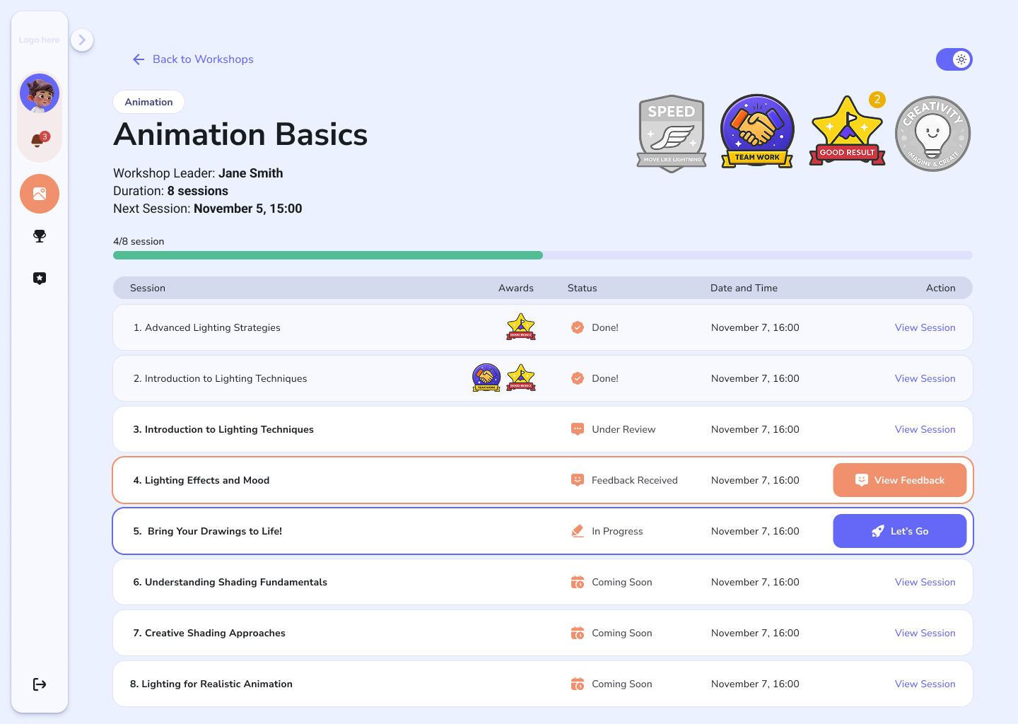 Student sessions list in light theme — an ordered list of workshop sessions with status, dates and progress.